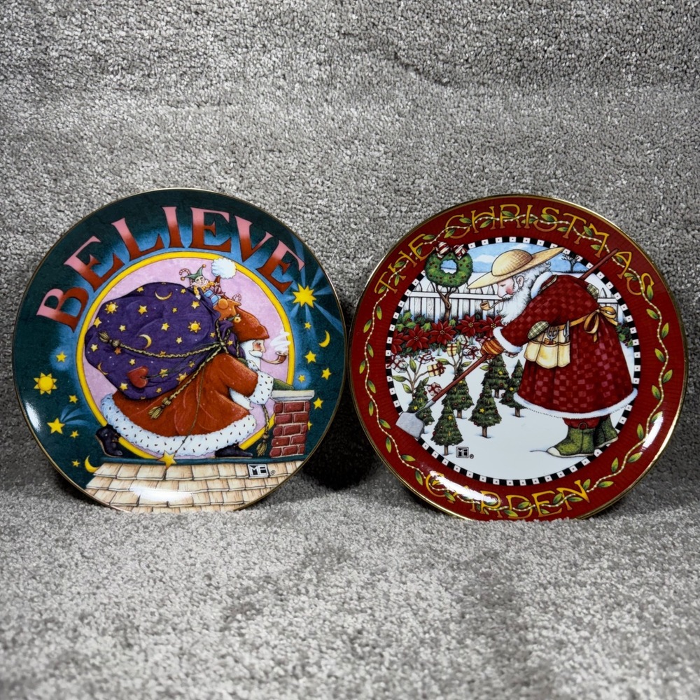 Danbury Mint Mary Engelbreit Christmas Plates Santa Believe Garden Set‎ of 2